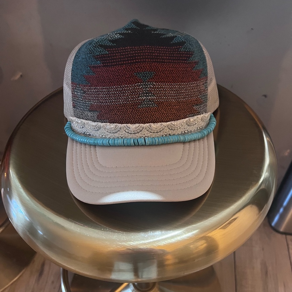 Navajo style wool front with beaded detail, trucker hat